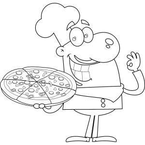 Chef sorridente apresentando a pizza para colorir