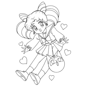 Chibi Moon rodeada de corações para colorir