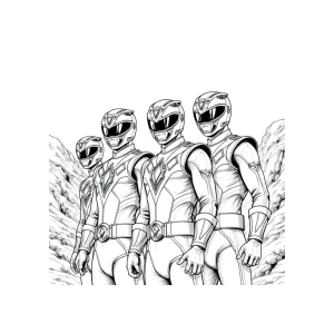 Cinco Power Rangers reunidos em pose de equipe para colorir