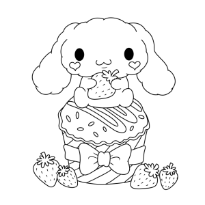 Cinnamoroll abraçando um cupcake de morango para colorir