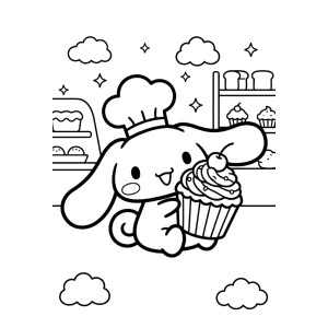 Cinnamoroll confeiteiro com cupcake na cozinha para colorir