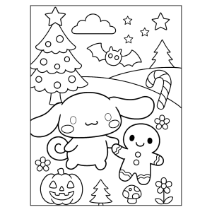 Cinnamoroll decorando a árvore de Natal para colorir