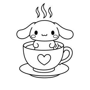Cinnamoroll dentro da xícara com coração para colorir