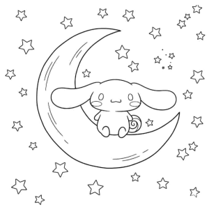 Cinnamoroll dormindo na lua entre estrelas para colorir