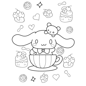 Cinnamoroll na xícara cercado de doces para colorir