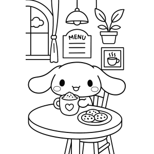 Cinnamoroll no café tomando chá com biscoitos para colorir