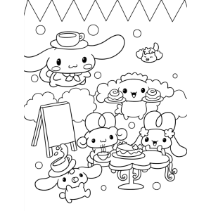 Cinnamoroll pintando com os amigos na festa para colorir