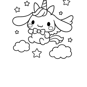 Cinnamoroll unicórnio sentado nas nuvens para colorir