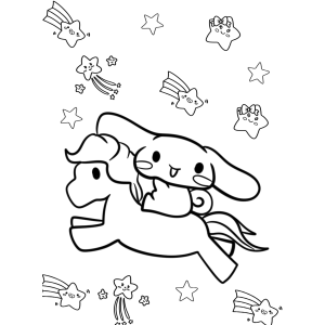 Cinnamoroll voando como unicórnio entre estrelas cadentes para colorir