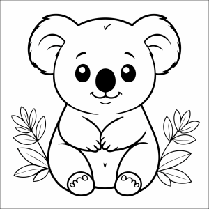 Coala sentado com folhas ao redor para colorir
