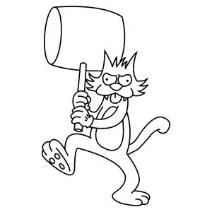 Coçadinha, o gato, correndo com o martelo para colorir