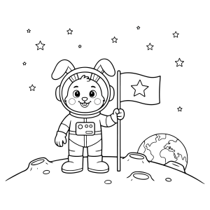 Coelhinho astronauta com bandeira na lua para colorir