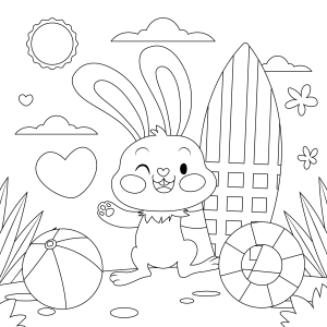 Coelhinho com prancha de surfe e bola de praia para colorir