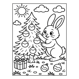 Coelhinho enfeitando a árvore de Natal para colorir