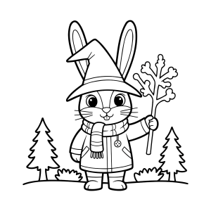 Coelhinho mago de chapéu pontudo na floresta para colorir