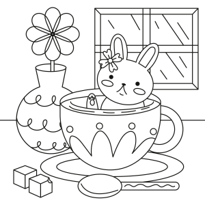 Coelhinho na janela com chocolate quente para colorir