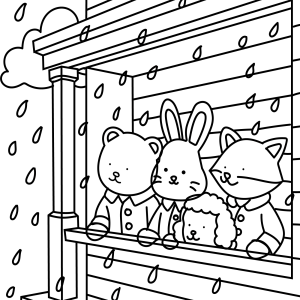 Coelhinhos vendo a chuva pela janela para colorir