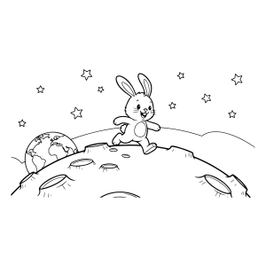 Coelho e tartaruga passeando na lua para colorir