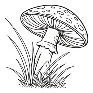 Cogumelo alto entre folhas de capim para colorir
