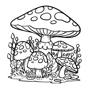 Cogumelo gigante com cogumelinhos e grama para colorir