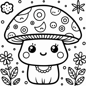 Cogumelo kawaii com bochechas rosadas e flores para colorir