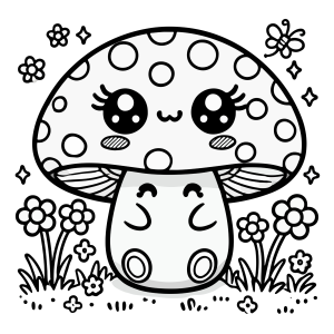 Cogumelo kawaii de olhos brilhantes no jardim para colorir