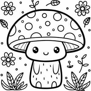 Cogumelo kawaii sorrindo entre folhinhas para colorir