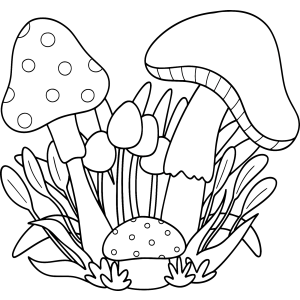 Cogumelos altos e finos com capim para colorir