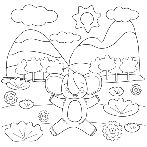 Colinas floridas com riacho e sol brilhante para colorir