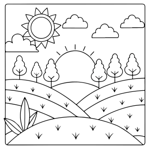 Colinas suaves com árvores e nascer do sol para colorir
