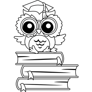 Coruja de óculos em cima de uma pilha de livros para colorir