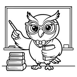 Coruja professora com apontador e livros para colorir