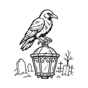 Corvo em cima da lanterna no cemitério para colorir