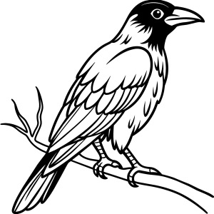 Corvo negro pousado no galho para colorir