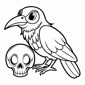 Corvo pousado ao lado da caveira para colorir
