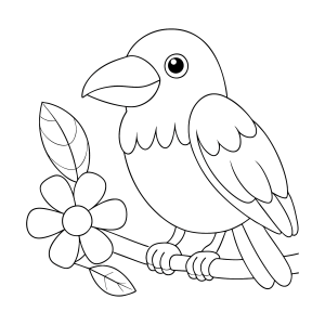 Corvo pousado no galho de flores para colorir