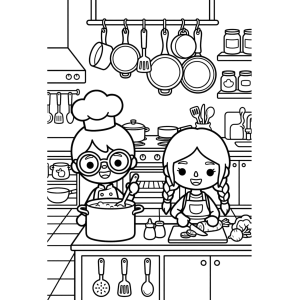 Cozinha do Toca Boca com chef e panelas para colorir