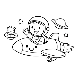 Criança astronauta no foguete com um alienígena para colorir