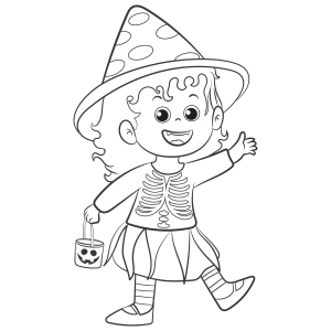 Criança de fantasia de bruxinha com doces para colorir