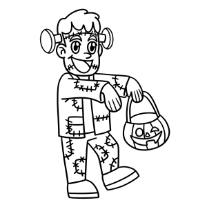 Criança fantasiada de Frankenstein com cesta de doces para colorir
