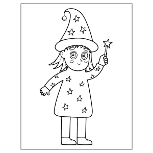 Criança fantasiada de mago com varinha de estrela para colorir