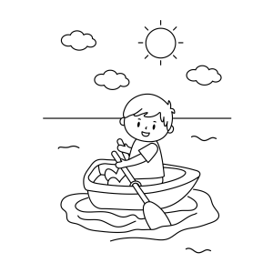 Criança no barquinho em lago ensolarado para colorir