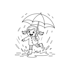 Criança pulando na poça com guarda-chuva para colorir