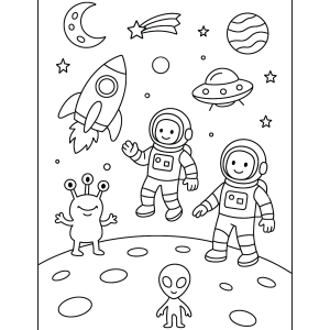 Crianças astronautas e um alienígena na lua para colorir