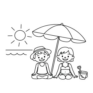 Crianças brincando embaixo do guarda-sol para colorir