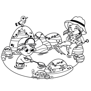 Crianças brincando na areia com o caranguejo para colorir