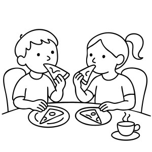 Crianças comendo pizza na mesa para colorir