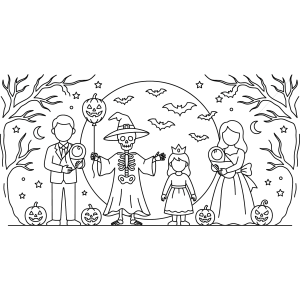 Crianças fantasiadas na noite de Halloween para colorir