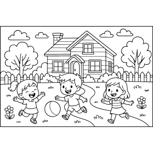 Crianças jogando bola na frente de casa para colorir