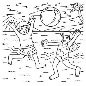 Crianças jogando bola na praia para colorir